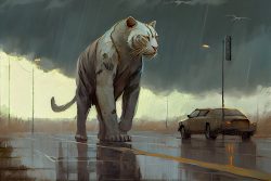 suburban-surrealism-a-male-albino-saber-tooth-tiger-walking-at-dawn-grey-dark-daylight-with-white-cumulus-clouds-raining-atmosphere-2