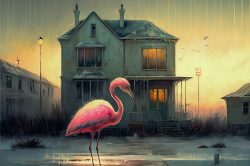 suburban-surrealism-pink-flamingo-standing-in-the-middle-of-nowhere
