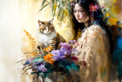 geisha-exotic-colorful-flowers-ferns-and-fluffy-cat-still-life