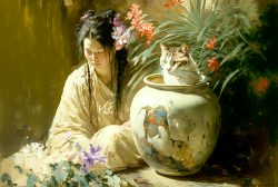 geisha-exotic-colorful-flowers-ferns-and-fluffy-cat-still-life-2