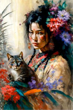 geisha-exotic-colorful-flowers-ferns-and-fluffy-cat-still-life-3