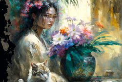 geisha-exotic-colorful-flowers-ferns-and-fluffy-cat-still-life-4