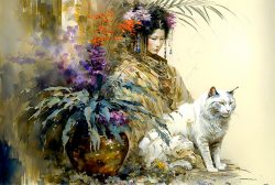 geisha-exotic-colorful-flowers-ferns-and-fluffy-cat-still-life-6