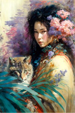 geisha-exotic-colorful-flowers-ferns-and-fluffy-cat-still-life-7