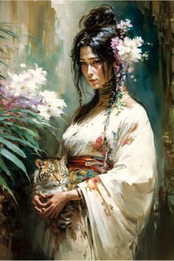 geisha-exotic-colorful-flowers-ferns-and-fluffy-cat-still-life-8