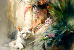 geisha-exotic-colorful-flowers-ferns-and-fluffy-cat-still-life-9
