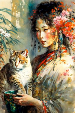 geisha-exotic-colorful-flowers-ferns-and-fluffy-cat-still-life-11