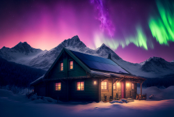 photo-of-the-northern-lights-with-a-small-cabin-solar-panels-on-the-roofn-in-the-background-mountain-scene-2