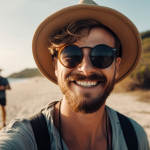 portrait-of-handsome-man-in-hat-and-sunglasses-smiling-at-camera-on-beach