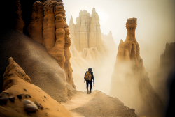 wide-angle-photo-of-a-man-hiking-through-the-hoodoos-cloudy-and-misty-rocky-hill-adventure-photography-2