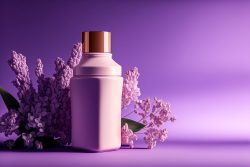 glass-bottle-with-cosmetic-oil-stands-on-a-wooden-white-table-in-delicate-lilac-flowers-thyme-4