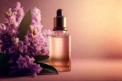 glass-bottle-with-cosmetic-oil-stands-on-a-wooden-white-table-in-delicate-lilac-flowers-thyme-3