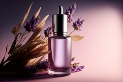 glass-bottle-with-cosmetic-oil-stands-on-a-wooden-white-table-in-delicate-lilac-flowers-thyme-2