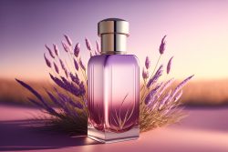 glass-bottle-with-cosmetic-oil-stands-on-a-wooden-white-table-in-delicate-lilac-flowers-thyme