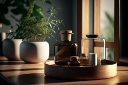pa-and-wellness-concept-bottles-with-bath-and-spa-cosmetics-rolled-up-towels-bath-salts-and-care-products-on-wooden-rustic-paneling-3