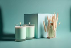 plain-light-pastel-blue-background-green-candle-on-box-2-candles-set-in-glas-2