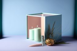 plain-light-pastel-blue-background-green-candle-on-box-2-candles-set-in-glas