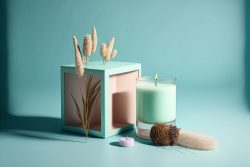 plain-light-pastel-blue-background-green-candle-on-box-2-candles-set-in-glas-6
