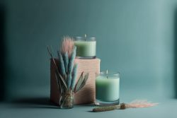 plain-light-pastel-blue-background-green-candle-on-box-2-candles-set-in-glas-5
