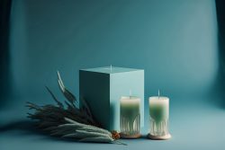 plain-light-pastel-blue-background-green-candle-on-box-2-candles-set-in-glas-4