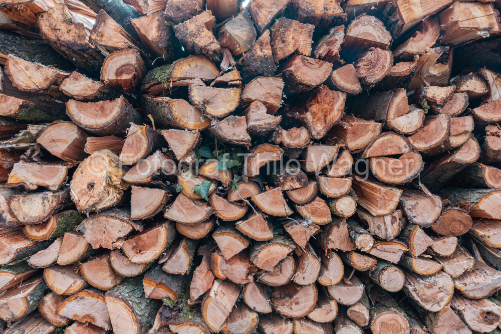 Pile of chopped firewood prepared for winter. Natural background.