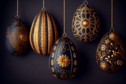 luxury-easter-eggs-with-different-patterns-in-gold-hanging-on-threads-in-front-of-a-dark-textured-background