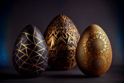 luxury-easter-eggs-with-different-patterns-in-gold-standing-on-a-dark-textured-background