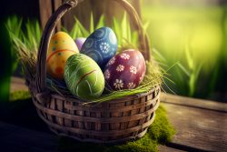 easter-painted-eggs-in-basket-on-rustic-wooden-table-with-bokeh-green-grass-in-background-2