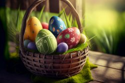 easter-painted-eggs-in-basket-on-rustic-wooden-table-with-bokeh-green-grass-in-background-3