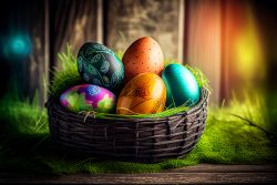 easter-painted-eggs-in-basket-on-rustic-wooden-table-with-bokeh-green-grass-in-background-4
