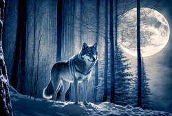 wolf-in-winter-forest-under-full-moon
