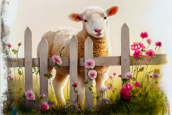 cute-baby-lamb-young-white-lamb-with-flowers-on-the-garden-fence-illustration-with-flowers-and-nature-6