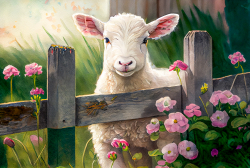 cute-baby-lamb-young-white-lamb-with-flowers-on-the-garden-fence-illustration-with-flowers-and-nature-8
