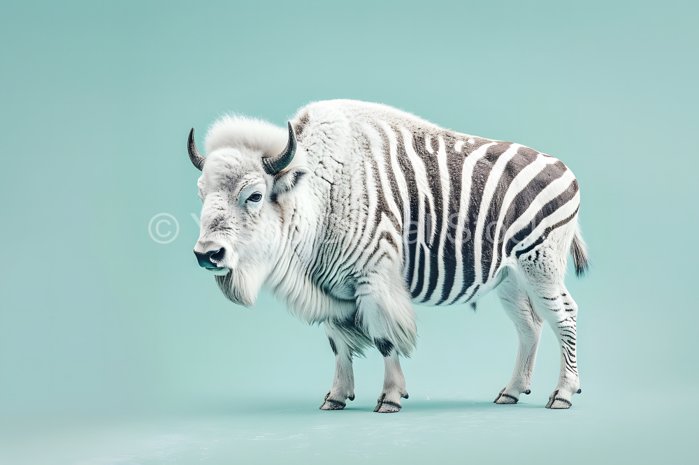 White bison with black and white stripes on a blue background