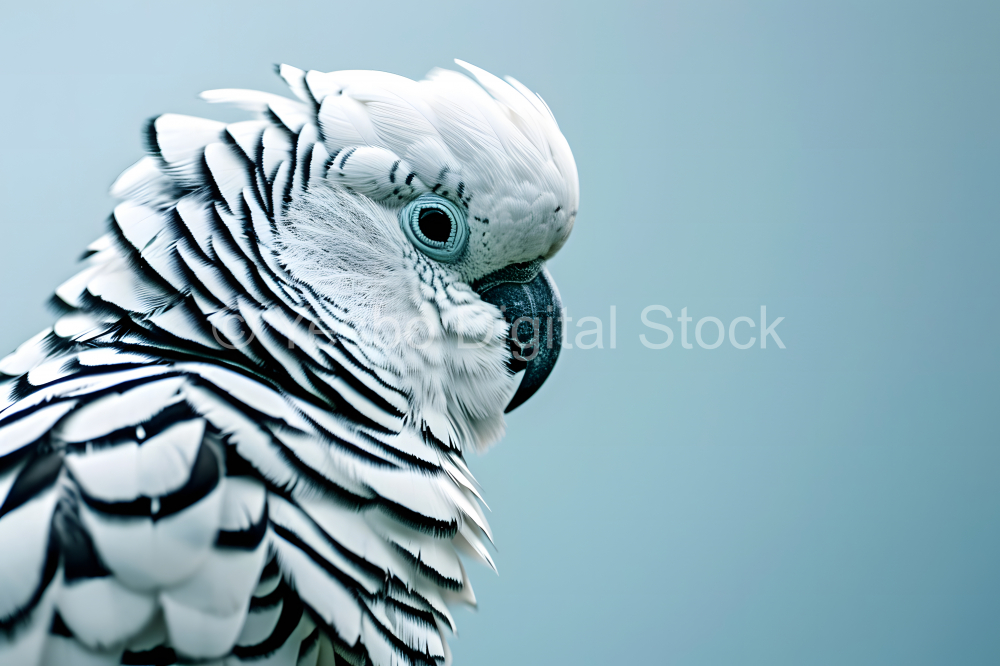 Close up of a white macaw parrot with a blue background