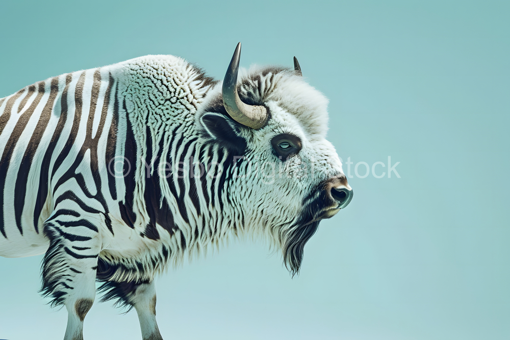 White bison with black and white stripes on a blue background