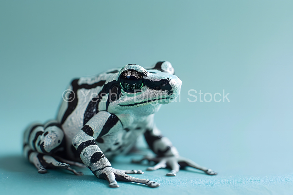 Frog on a blue background. Close-up, selective focus.