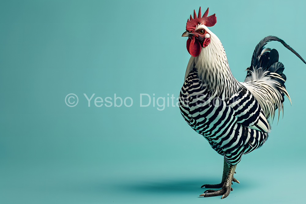 Portrait of a Rooster on a blue background.