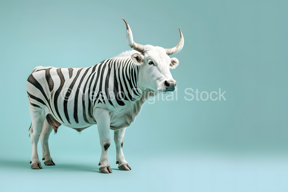 White bull stands on blue background with copy space for your text