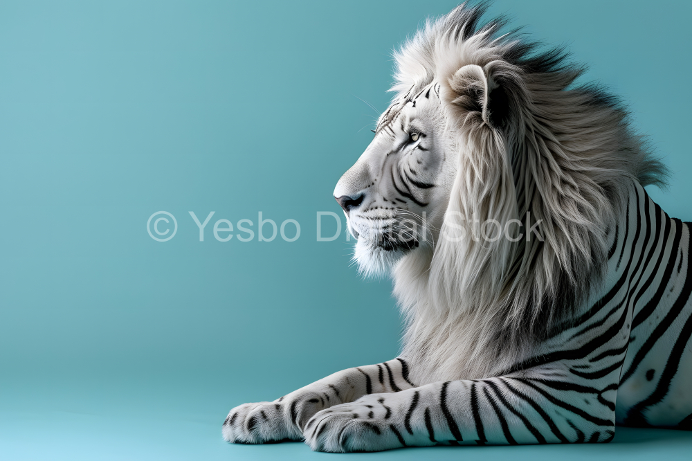 White lion stands on blue background with copy space for your text
