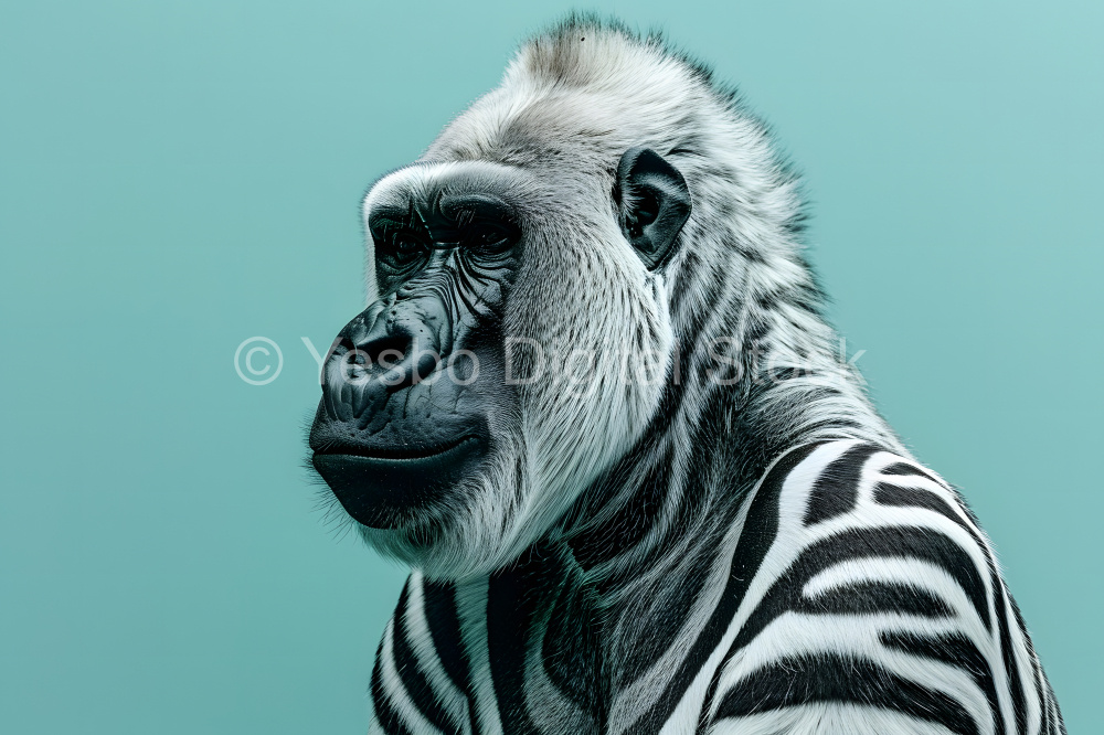 Close-up portrait of a gorilla isolated on a blue background.