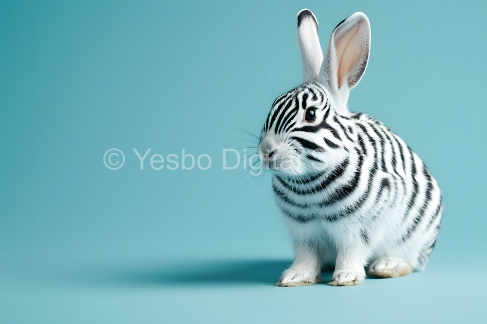 Cute white bunny with black and white stripes on a blue background