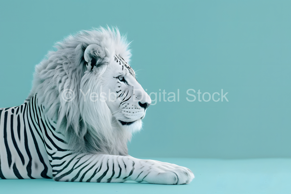 White lion on blue background with copy space for text or image.