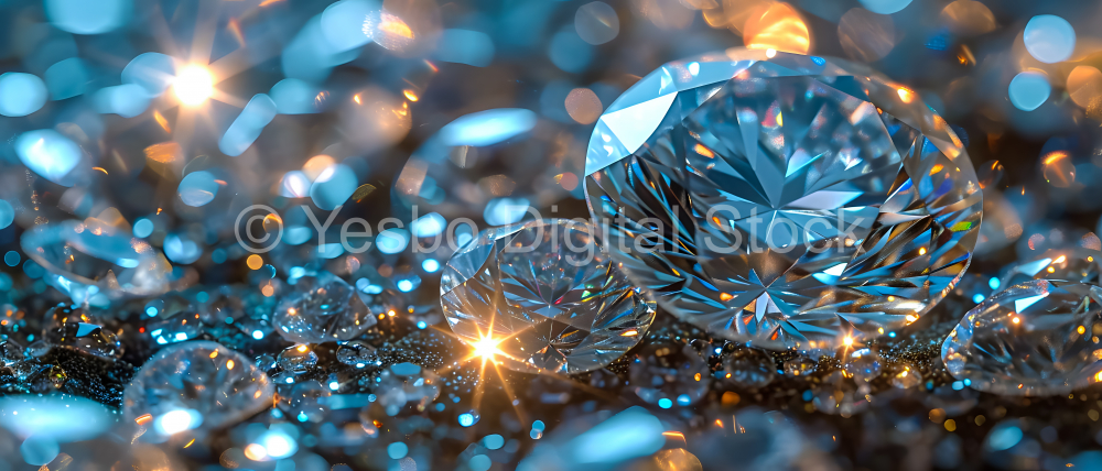 Macro shot of blue diamond on the black sand with sparkles