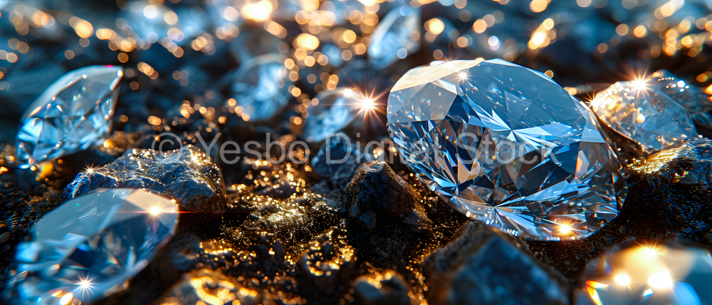 Macro shot of blue diamond on the black sand with sparkles
