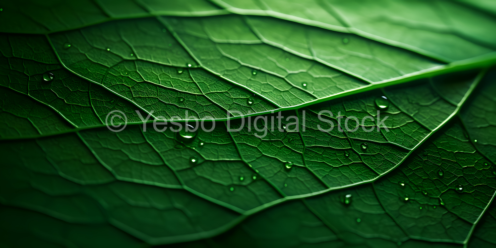 Macro of green leaf with water droplets. Nature background.