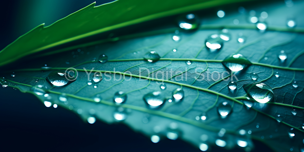 Close up of green leaf with water droplets. Nature background.