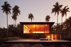 3d-rendering-of-modern-cozy-house-with-parking-and-pool-for-sale-or-rent-with-wood-plank-facade-by-the-sea-or-ocean-sunset-evening-by-the-azure-coast-with-palm-trees-and-flowers-in-tropical-island-2