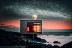 beachfront-minimal-glass-house-pacific-northwest-moody-parchment-sky-rocky-oceanfront-steven-holl-red-square-huge-moon-dramatic-lighting-3