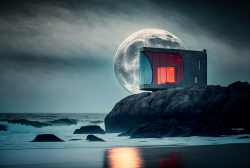 beachfront-minimal-glass-house-pacific-northwest-moody-parchment-sky-rocky-oceanfront-steven-holl-red-square-huge-moon-dramatic-lighting-5